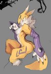 anthro black_sclera blue_eyes breasts butt claws clothing female fluffy fur markings muscular muscular_anthro muscular_female purple_clothing sleeves solo yellow_body yellow_fur spaboofy bandai_namco digimon canid canine digimon_(species) mammal renamon sketch