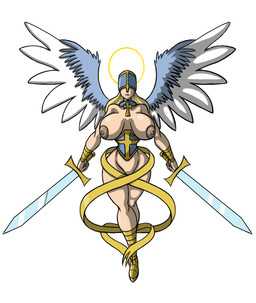 big_breasts blonde_hair breasts clothed clothing cross feathered_wings feathers female hair halo huge_breasts melee_weapon nipples not_furry simple_background skimpy solo sword weapon white_background wings lordstevie angel