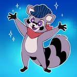 anthro arms_above_head clothing engineer_cap gradient_background hat headgear headwear kerchief male neckerchief neckwear open_mouth open_smile short_fingers simple_background smile solo star tongue muffinmadhouse indigo_park rambley_raccoon mammal procyonid raccoon 1:1 hi_res