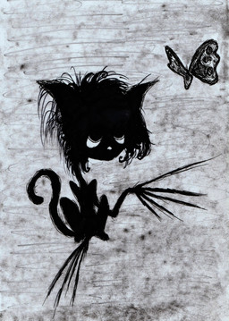 anthro bilemirth black_body black_fur claws curly_hair depression feral fur hair ink male meow sad scissors solo unhappy893 arthropod butterfly domestic_cat felid feline felis insect lepidopteran mammal absurd_res hi_res traditional_media_(artwork)