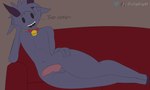 anthro balls erection femboy genitals horn looking_at_viewer male nude penis simple_background smile solo text colgeight linus_(jarnqk) bovid caprine demon goat mammal 5:3 english_text hi_res