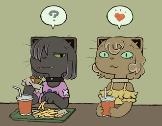 anthro brown_body brown_fur brown_table burger clothing collar container crumbs_on_face cup curled_fur disposable_cup dress drinking_straw duo eating eating_food eyelashes female food fries fur green_eyes grey_body grey_fur heart_symbol holding_container holding_cup holding_object lettuce looking_ahead looking_away looking_pleasured neck_ring one_eye_obstructed paws plant print_clothing print_shirt print_topwear purple_clothing purple_shirt purple_topwear question_mark red_cup shirt simple_background speech_bubble tongue topwear tray vegetable whiskers wrapper yellow_clothing yellow_dress daisuke_amaya choco_grayson gamila_brownie domestic_cat felid feline felis mammal 2025