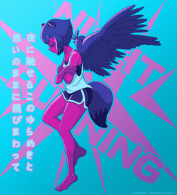 5_toes anthro barefoot bottomwear clothed clothing crossed_arms dolphin_shorts eyes_closed feet female fluffy fluffy_tail fur hair shirt short_hair shorts solo species_transformation tail tank_top toes topwear transformation wings enigma_(artist) brand_new_animal studio_trigger michiru_kagemori canid canine mammal raccoon_dog tanuki absurd_res hi_res