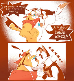 anthro anthro_on_anthro big_muscles big_pecs black_clothing black_topwear black_vest blue_nipples bottomless brown_body brown_fur clothed clothing dialogue duo eye_contact front_view fur kissing looking_at_another male male/male male_anthro mouth_closed muscular muscular_anthro muscular_male nipples open_clothing open_mouth open_topwear open_vest pecs red_clothing red_topwear side_view simple_background slim_anthro slim_male speech_bubble tail text topwear vest white_body white_fur yellow_body yellow_fur chocolateandmilk canid canine canis domestic_dog felid mammal alternate_version_at_source comic english_text hi_res