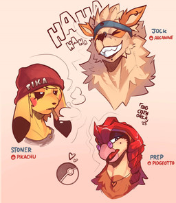 accessory anthro blunt braided_hair clothing drugs ear_piercing ear_ring eyewear facial_piercing female glasses group hair half-closed_eyes hat headband headgear headwear jewelry laugh narrowed_eyes necklace nose_piercing nose_ring piercing ring_piercing smile smoking stoned substance_intoxication teeth trio bigcozyorca nintendo pokemon arcanine generation_1_pokemon pidgeotto pikachu pokemon_(species) 2023 hi_res signature