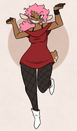 5_fingers ahoge anthro black_bra black_clothing black_sweatband black_underwear bottomwear bra breasts brown_body brown_tail clothing eyebrow_through_hair eyebrows female fingers fishnet_bottomwear fishnet_clothing footwear green_eyes hair looking_at_viewer one_eye_closed open_mouth open_smile pink_hair ponytail red_clothing red_shirt red_topwear shirt shoes shoulderless_shirt smile solo sweatband tail teeth topwear translucent translucent_hair two_tone_tail underwear white_clothing white_footwear white_sclera white_shoes nerdyreindeer gumdrop_(nerdyreindeer) deer mammal 2026 hi_res