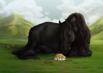 ambiguous_gender cloud detailed_background door eating enclosure feathering fence feral fur hay hay_in_mouth hut long_mane lying macro meadow mountain on_back on_ground pathway solo_focus window wood wood_fence fihell bovid caprine domestic_sheep draft_horse equid equine friesian horse mammal sheep digital_media_(artwork) digital_painting_(artwork) hi_res