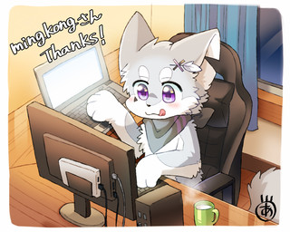 accessory anthro beverage blush computer computer_keyboard computer_monitor container countershading cup electronics fur grey_body grey_fur hair_accessory hairpin inside laptop looking_at_computer looking_at_object mug notched_ear scarf sitting smile solo text tongue tongue_out white_body white_fur ayaka canid canine mammal 5:4 english_text signature