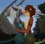 amber_eyes anthro blue_eyes breast_squish breasts breasts_frottage brown_hair digital_media_(artwork) duo embrace eye_contact female female/female fur hair hand_on_butt hi_res hug hybrid landscape lisha looking_at_another love mammal mustelid otter partially_submerged romantic romantic_couple sea shima_laqi side_boob side_view squish tropical water wet white_hair