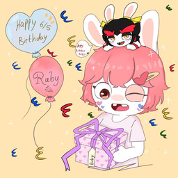 accessory anthro balloon bangs birthday birthday_gift black_eyelids black_hair box brown_eyes buckteeth clothed clothed_female clothing confetti container dialogue ear_ribbon eyebrows eyelashes female female_anthro gift gift_box hair hair_accessory hairclip hand_on_head heart_symbol holding_gift holding_object inflatable larger_anthro larger_female light long_ears looking_at_viewer markings mitten_hands mole_(marking) multicolored_hair name_in_dialogue on_another on_another's_head one_eye_closed orange_eyes pink_clothing pink_hair pink_shirt pink_t-shirt pink_tongue pink_topwear red_eyebrows red_hair red_tongue red_wristband sharp_teeth shirt short_hair simple_background size_difference smaller_anthro smaller_female smile smiling_at_viewer solo sparkles speech_bubble stickers_on_face t-shirt tan_eyelids tan_inner_ear teeth text thick_eyebrows tongue topwear two_tone_hair yellow_background yellow_ribbon peypey_mei1925 mario_bros mario_plus_rabbids_sparks_of_hope nintendo raving_rabbids rayman_(series) ubisoft fan_character kanya_(mario_plus_rabbids) pey_(peypey_mei1925) lagomorph mammal rabbid 1:1 2025 colored crossover digital_drawing_(artwork) digital_media_(artwork) english_description english_text hi_res lighting shaded