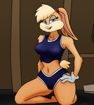 anthro bangs blonde_hair blue_eyes breasts brown_background buckteeth clothed clothed_anthro clothed_female clothing countershade_face countershading earband ears_down eyelashes female female_anthro fur hair hands_on_hips kneeling looking_at_viewer midriff nipple_outline open_mouth open_smile orange_body orange_fur pattern_background pivoted_ears pose scut_tail seiza short_tail simple_background sitting smile smiling_at_viewer solo sports_panties tail teeth three-quarter_view arcatech looney_tunes warner_brothers lola_bunny lagomorph leporid mammal rabbit digital_drawing_(artwork) digital_media_(artwork) full-length_portrait hi_res portrait