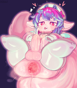 anal_prolapse anthro anus belly blush bodily_fluids clothing cum cum_on_body cum_while_penetrated dildo ejaculation femboy footwear genital_fluids genitals hair heart_symbol himuro_ruki knee_highs knee_socks legwear male penetration penis pink_body prolapse puffy_anus red_eyes ribbons sex_toy socks solo sweat hikku mythology vtuber mythological_creature absurd_res hi_res