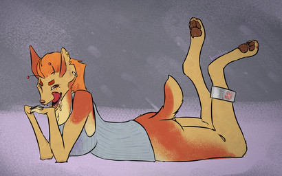accessory ankle_monitor anthro bent_legs blush clothing ear_cuff electronics female fur grey_clothing grey_shirt grey_tank_top grey_topwear hair lying monitor on_front open_mouth orange_body orange_fur orange_hair pawpads piercing shirt short_hair simple_background solo tail tank_top tongue tongue_out tongue_piercing topwear borealhao trix_(moonshadowart) alien arthropod bee canid canine canis hyena hymenopteran insect mammal wolf 16:10 2026 absurd_res digital_media_(artwork) hi_res widescreen