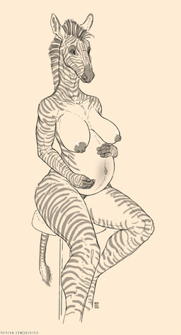 anthro areola barely_visible_genitalia barely_visible_vulva breasts female furniture genitals holding_belly mane nipples nude nude_anthro nude_female pregnant simple_background sitting solo stool stripes tail text vulva arcr-cric equid equine mammal zebra 2026 artist_name digital_media_(artwork) greyscale hi_res monochrome portrait signature three-quarter_portrait url