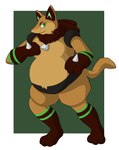 3_fingers alternate_species anthro arms_bent belly big_belly brown_body brown_eyebrows brown_fur chest_spike chest_tuft eyebrows fingers fur fur_markings green_eyes green_markings hand_spike male male_anthro markings multicolored_body multicolored_fur neck_tuft overweight overweight_anthro overweight_male rectangle simple_background solo spikes spikes_(anatomy) standing tail tan_body tan_fur tan_tail tuft theannoyingnpc nintendo pokemon fan_character l'arc_(bloatylion) generation_4_pokemon lucario pokemon_(species) 2020 colored digital_drawing_(artwork) digital_media_(artwork) english_description hi_res shaded simple_shading