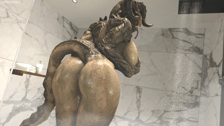 anthro bathing big_breasts big_butt breasts butt claws covering covering_breasts covering_self curvy_figure detailed_background female fingers forked_tongue holding_breast horn huge_breasts huge_butt inside long_tail looking_at_viewer looking_back nude scales sharp_teeth shower showering solo tail tan_body tan_scales teeth text thick_thighs tongue tongue_out wide_hips yellow_eyes darkflash23 red-eye_(modeler) fallout microsoft deathclaw scalie 16:9 2021 3d_(artwork) artist_name digital_media_(artwork) hi_res source_filmmaker_(artwork) widescreen