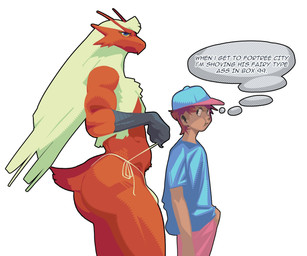 anthro baseball_cap big_butt blue_eyes bulge butt clothed clothed_male clothing crossdressing duo feathers femboy fully_clothed fully_clothed_male hair hat headgear headwear long_hair male mostly_nude_anthro mostly_nude_male pouting red_body red_feathers shirt t-shirt text thick_thighs thought_bubble topwear poskapaints nintendo pokemon pokemon_trainer avian blaziken generation_3_pokemon human mammal pokemon_(species) english_text hi_res