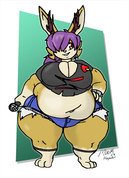 2_horns anthro antlers biped black_clothing black_topwear blue_bottomwear blue_clothing blue_shorts bottomwear breasts cleavage clothed clothed_anthro clothed_female clothing denim denim_bottomwear denim_clothing denim_shorts electronics female female_anthro hair hand_on_hip hand_on_own_hip heart_pin holding_microphone holding_object horn huge_hips huge_thighs leg_markings markings microphone midriff overweight overweight_anthro overweight_female purple_hair red_eyes shorts socks_(marking) solo thick_thighs topwear wide_hips blayaden rosa_(corpsesaleswoman) jackalope lagomorph mammal hi_res