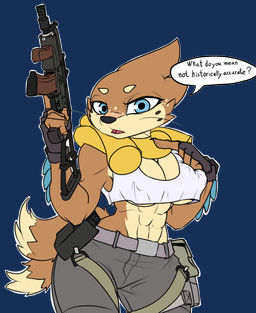 2_tails abs anthro belt belt_pouch blue_eyes breasts claws clothed clothing dialogue dipstick_tail female fin freckles fur gloves gun handwear holding_gun holding_object holding_ranged_weapon holding_weapon humor inflatable looking_at_viewer markings multi_tail multicolored_body multicolored_fur muscular muscular_female nipple_outline open_mouth pool_float ranged_weapon shirt simple_background solo submachine_gun tactical_gear tail tail_markings talking_to_viewer tank_top text topwear two_tone_body two_tone_fur under_boob weapon whiskers meta_lee nintendo pokemon pretzie buizel generation_4_pokemon mammal pokemon_(species) alpha_channel digital_media_(artwork) english_text hi_res