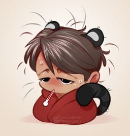 alternate_species bodily_fluids chibi hair human_and_animal_ears humanoidized ill male messy_hair multi_ear scientific_instrument simple_background solo sweat tail thermometer whiskers zillabean hannibal_(series) hannibal_lecter animal_humanoid felid felid_humanoid humanoid mammal mammal_humanoid pantherine pantherine_humanoid tiger_humanoid digital_media_(artwork)