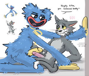 against_surface against_wall anthro blue_body blue_fur blush blush_lines dialogue duo frottage fur genitals humanoid_genitalia humanoid_penis male male/male multicolored_body nude open_mouth penile penis penis_size_difference penises_touching pubes sex simple_background sitting size_difference smile tail text toony cvinodor metro-goldwyn-mayer mob_entertainment poppy_playtime tom_and_jerry huggy_wuggy thomas_cat domestic_cat felid feline felis living_toy mammal monster wuggy_(poppy_playtime) crossover digital_media_(artwork) hi_res