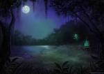 ambiguous_gender detailed_background forest full_moon grass hokora lake landscape moon nature night outside plant shrine sky solo star starry_sky text tree vines water haychel nintendo pokemon celebi generation_2_pokemon humanoid legendary_pokemon pokemon_(species) cool_colors digital_media_(artwork) url