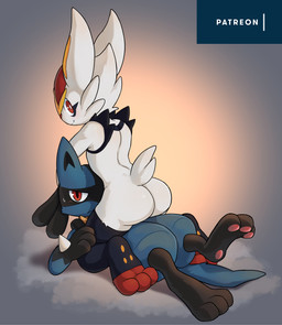 3_toes ambiguous_gender anthro barefoot blue_body blue_fur bodily_fluids butt duo feet fur hindpaw looking_at_viewer looking_back nude pawpads paws pink_pawpads red_eyes scut_tail short_tail simple_background soles sweat sweatdrop tail toes white_body white_fur huka nintendo pokemon cinderace generation_4_pokemon generation_8_pokemon lagomorph leporid lucario mammal pokemon_(species) absurd_res hi_res