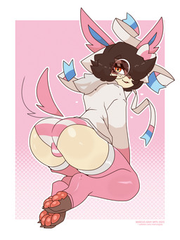anthro biped bow_ribbon brown_hair clothing eyewear glasses hair hair_over_eye heart_symbol hoodie legwear looking_at_viewer looking_back male open_mouth pattern_clothing pattern_underwear pink_background pink_clothing pink_ears pink_legwear pink_tail pink_thigh_highs rear_view simple_background smile solo striped_clothing striped_underwear stripes sweater sylveon_costume tail text thigh_highs tongue topwear underwear white_background white_clothing white_sweater white_topwear marcus_gray nintendo patreon pokemon fio_(marcus_gray) domestic_cat eeveelution felid feline felis generation_6_pokemon mammal pokemon_(species) siamese_cat sylveon 2025 3:4 hi_res shaded url