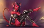 armwear barefoot big_breasts black_hair breasts bulge choker clothed clothing crossed_legs feet green_eyes green_sclera gynomorph hair horn intersex jewelry legwear necklace not_furry red_body red_skin sitting solo executephase demon humanoid 2023 hi_res