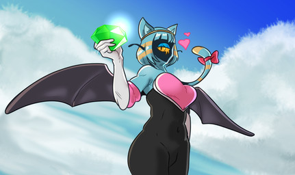 accessory anthro armwear blue_body blue_fur blue_hair blue_sky bow_(feature) bow_accessory bow_ribbon breasts chaos_emerald clothing cloud cosplay egyptian elbow_gloves female fur gem gloves hair hair_accessory hair_bow hair_ribbon half-closed_eyes handwear heart_symbol holding_object looking_at_viewer narrowed_eyes ribbons sky solo wings ablazeko sega sonic_the_hedgehog_(series) sucker_for_love nyanlathotep_(sucker_for_love) rouge_the_bat cyclops domestic_cat felid feline felis mammal
