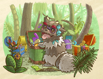 accessory ambiguous_gender bow_(feature) bow_accessory bow_ribbon eyewear feral forest glasses hair_accessory hair_bow hair_ribbon leaf looking_back on_hind_legs plant ribbons scarf solo tongue tongue_out treasure_chest tree spoonyliger nintendo pokemon pokemon_mystery_dungeon spike_chunsoft generation_3_pokemon pokemon_(species) zigzagoon