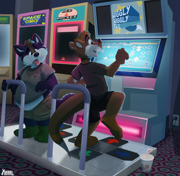 4_toes anthro arcade arcade_machine barefoot black_pawpads bodily_fluids claws dancing directional_arrow duo feet fur male multicolored_body multicolored_fur overweight overweight_male pawpads paws plantigrade smile soles sweat tired toe_claws toes tongue tongue_out young young_anthro young_male koidelcoyote kazan_(kazan.k) steffen_(kazan.k) canid canine canis mammal mustelid otter wolf hi_res