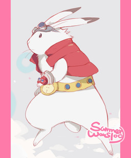 bottomless clothed clothing eyewear featureless_crotch feral goggles semi-anthro simple_background solo ichthy0stega summer_wars king_kazma lagomorph leporid mammal rabbit 2015