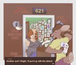 anthro blue_bottomwear blue_clothing blue_pants bottomwear breasts brick_wall brown_body brown_fur brown_hair brown_hooves brown_nose clothed clothing detailed_background dialogue doorway drawing_(object) duo eyes_closed female fingers floppy_ears fully_clothed fur furgonomic_bottomwear furgonomics green_eyes grey_clothing grey_shirt grey_topwear hair half-closed_eyes head_tuft holding_drawing hooved_fingers hooves looking_at_another lop_ears male narrowed_eyes open_mouth open_smile orange_text outside pants pattern_clothing pattern_shirt pattern_topwear pink_tongue scut_tail shirt short_tail smile snout standing standing_in_doorway striped_clothing striped_shirt striped_topwear stripes tail tail_button_bottoms tail_clothing text text_box tongue topwear tuft wall_(structure) wall_art wall_lamp white_body white_fur white_text yellow_clothing yellow_shirt yellow_topwear dyyrlysh e621 cloud_(cloudpie) kristoffer_everglade bird_dog canid canine canis cavalier_king_charles_spaniel deer domestic_dog hunting_dog mammal new_world_deer spaniel toy_dog white-tailed_deer 2025 aliasing aseprite_(artwork) character_name digital_drawing_(artwork) digital_media_(artwork) dithering english_text flat_colors