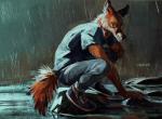 2018 anthro biped black_eyes canid canine clothed clothing crouching digital_media_(artwork) digital_painting_(artwork) footwear fox full-length_portrait fully_clothed fur hriscia looking_back male mammal orange_body orange_fur outside portrait raining red_fox river rock shoes side_view solo true_fox white_body white_fur