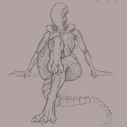 anthro butt feet looking_at_viewer male nude paws simple_background sitting solo tail teeth toes gromdrawing alien_(franchise) alien xenomorph digital_media_(artwork) monochrome sketch