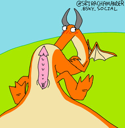blush blush_lines embarrassed erection feral horn looking_away male orange_body shy slit_penis solo wings srirachamander mythology dragon mythological_creature mythological_scalie scalie