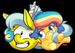 ambiguous_gender blue_eyes blue_hair blue_tail duo feral fur hair multicolored_hair multicolored_tail on_model orange_body rainbow_hair rainbow_tail smile snout tail toony toothy_grin yellow_body yellow_fur pepperqt club_penguin moshi_monsters glitterpants mrs._snoodle mammal moshling puffle silly_snuffler alpha_channel hi_res