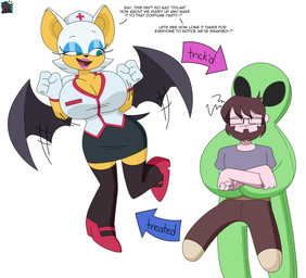 anthro bat_wings blue_eyeshadow body_swap breasts brown_hair cleavage clothed clothing directional_arrow eyes_closed eyeshadow eyewear female flapping_wings footwear fur glasses group hair high_heels holidays lips lipstick logo makeup male membrane_(anatomy) membranous_wings mouth_closed nurse_clothing nurse_uniform open_mouth orange_body orange_fur pink_lips pink_lipstick red_clothing red_footwear red_high_heels shoes simple_background text trick-or-treating trio uniform white_background wings dezzy_draws halloween sega sonic_the_hedgehog_(series) dylan_(dezzy_draws) rouge_the_bat alien bat human mammal 2023 absurd_res artist_logo digital_drawing_(artwork) digital_media_(artwork) english_text hi_res