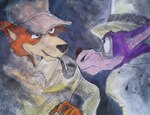 anthro brown_body brown_fur clothing detective detective_hat duo eye_contact facial_hair fur hat headgear headwear looking_at_another male mustache purple_body purple_fur smoking_pipe suit top_hat amberpalette sherlock_hound_(series) moriarty_(sherlock_hound) sherlock_hound canid canine canis domestic_dog mammal wolf 2004 traditional_media_(artwork)