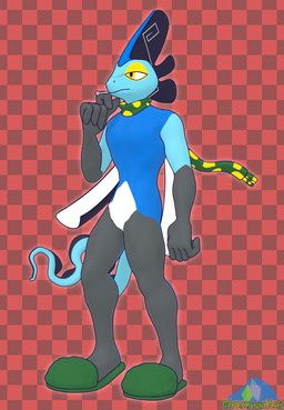 anthro black_body black_skin blue_body blue_skin checkboard_pattern contiguous_snout green_scarf green_slippers hand_on_chin male mantle narrowed_eyes polka_dot_scarf scarf scientific_instrument simple_background solo standing thermometer white_body white_skin yellow_body yellow_eyes yellow_skin albalbalb nepptenio_(copyright) nintendo pokemon pokemon_bouclafoutis toru_murphy_september generation_8_pokemon inteleon pokemon_(species) 2025 3d_(artwork) digital_media_(artwork) hi_res watermark