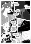 anthro buck_(corablue) canid canine clothed clothing comic corablue deer dialogue english_text female group hat headgear headwear hi_res human inside jack_(corablue) male mammal monochrome standing text tongue tongue_out witch_hat