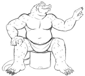 anthro bath furniture male musclegut muscular navel open_mouth overweight overweight_anthro overweight_male simple_background sitting solo stool teeth_showing towel white_background thegreatmatsutzu reptile scalie black_and_white monochrome