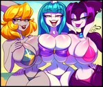 anthro arm_around_waist big_breasts bikini black_border blonde_hair blue_eyes border breast_squish breasts clothing female fin green_eyes green_hair group hair long_hair looking_at_viewer medium_hair multicolored_hair non-mammal_breasts open_mouth pink_eyes purple_hair squish standing swimwear trio two-piece_swimsuit white_hair ooo-belise-ooo fish marine shark hi_res watermark