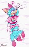 alternative_fashion anthro bed blue_body blue_fur breasts clothing cyberpop dakimakura female fur furniture j-fashion looking_at_viewer medical_instrument nurse panties pink_body pink_fur scientific_instrument solo sparklefur stethoscope toony underwear nyamrow toontown_corporate_clash toontown_online absurd_res dakimakura_design hi_res pink_theme