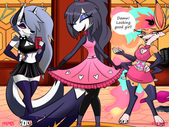 4_arms absolute_territory anthro armwear bangs beak big_breasts big_ears black_body black_bottomwear black_clothing black_eyelids black_eyeshadow black_feather_hair black_leggings black_legwear black_pseudo_hair black_skirt black_topwear blue_hair bottomwear breasts cartoon_freckles cleavage cleavage_cutout closet clothed clothed_anthro clothed_female clothes_hanger clothing crop_top cutout dialogue digitigrade dress elbow_gloves eyelashes eyes_closed eyeshadow facial_tuft feather_hair feathers female fingerless_gloves freckled_face freckles fur glistening_eyelids gloves good_girl grey_hair group hair hair_over_eye hand_on_hip handwear heart_pattern leggings legwear long_eyelashes makeup medium_breasts midriff multi_arm multi_limb navel pink_bottomwear pink_clothing pink_crop_top pink_dress pink_eyes pink_hair pink_shirt pink_skirt pink_topwear pseudo_hair purple_armwear purple_clothing purple_elbow_gloves purple_eyeshadow purple_fingerless_gloves purple_gloves purple_handwear purple_legwear purple_stockings purple_thigh_highs shirt skirt sleeveless_topwear slim small_waist smile stockings text thigh_highs toeless_legwear toeless_stockings topwear trio tuft white_body white_face white_fur wide_hips yellow_body yellow_fur yellow_sclera 49ersrule07 starpaintart hellaverse helluva_boss mythology loona_(helluva_boss) octavia_(helluva_boss) queen_bee-lzebub_(helluva_boss) arthropod avian avian_demon bee bird canid canid_demon canine demon fox hellhound hymenopteran insect mammal mythological_canine mythological_creature owl owl_demon 2025 4:3 artist_collaboration english_text hi_res