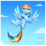 beverage blue_body blue_feathers blue_wings blush border drinking drinking_straw eyes_closed feathered_wings feathers female feral flying hair holding_object hooves multicolored_hair outside quadruped rainbow_hair sky solo white_border wings confetticakez friendship_is_magic hasbro my_little_pony mythology rainbow_dash_(mlp) equid equine mammal mythological_creature mythological_equine pegasus 1:1 absurd_res hi_res