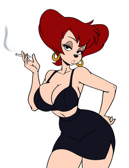 5_fingers anthro big_breasts black_bra black_clothing black_miniskirt black_nose black_underwear bottomwear bra breasts cigarette cigarette_smoke cleavage clothed clothing ear_piercing ear_ring eyebrows eyelashes female fingers hair half-closed_eyes holding_cigarette holding_object looking_at_viewer mature_female midriff miniskirt narrowed_eyes navel piercing red_hair ring_piercing short_hair simple_background skirt smoke smoking solo standing underwear white_background iggy_bomb www disney goof_troop peg_pete domestic_cat felid feline felis mammal 2026 absurd_res hi_res