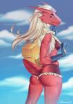 backpack blonde_hair blue_eyes bottomwear butt claws clothing cloud female hair head_turned hotpants long_hair looking_at_viewer outside scales short_tail shorts sky smile solo tail darzycat nintendo pokemon carmen_(boolean) avian blaziken generation_3_pokemon pokemon_(species) hi_res