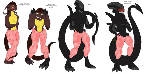 after_transformation barefoot blush blush_lines bottomwear butt butt_grab butt_slap camo camo_bottomwear camo_clothing camo_pants camo_print cargo_pants clothed clothing feet flustered four_frame_sequence grin hand_on_butt holding_head holding_own_arm knock-kneed looking_at_viewer male nervous pants pants_only pattern_bottomwear pattern_clothing pattern_pants paws simple_background slap slapping_own_butt slapping_self smack smack_(sound_effect) smacking_ass smile smirk spanking species_transformation surprised toothy_grin topless transformation transformation_sequence conditional_dnp samagthrav2 alien_(franchise) azreth_(coredeath) alien arokkian xenomorph absurd_res hi_res sequence
